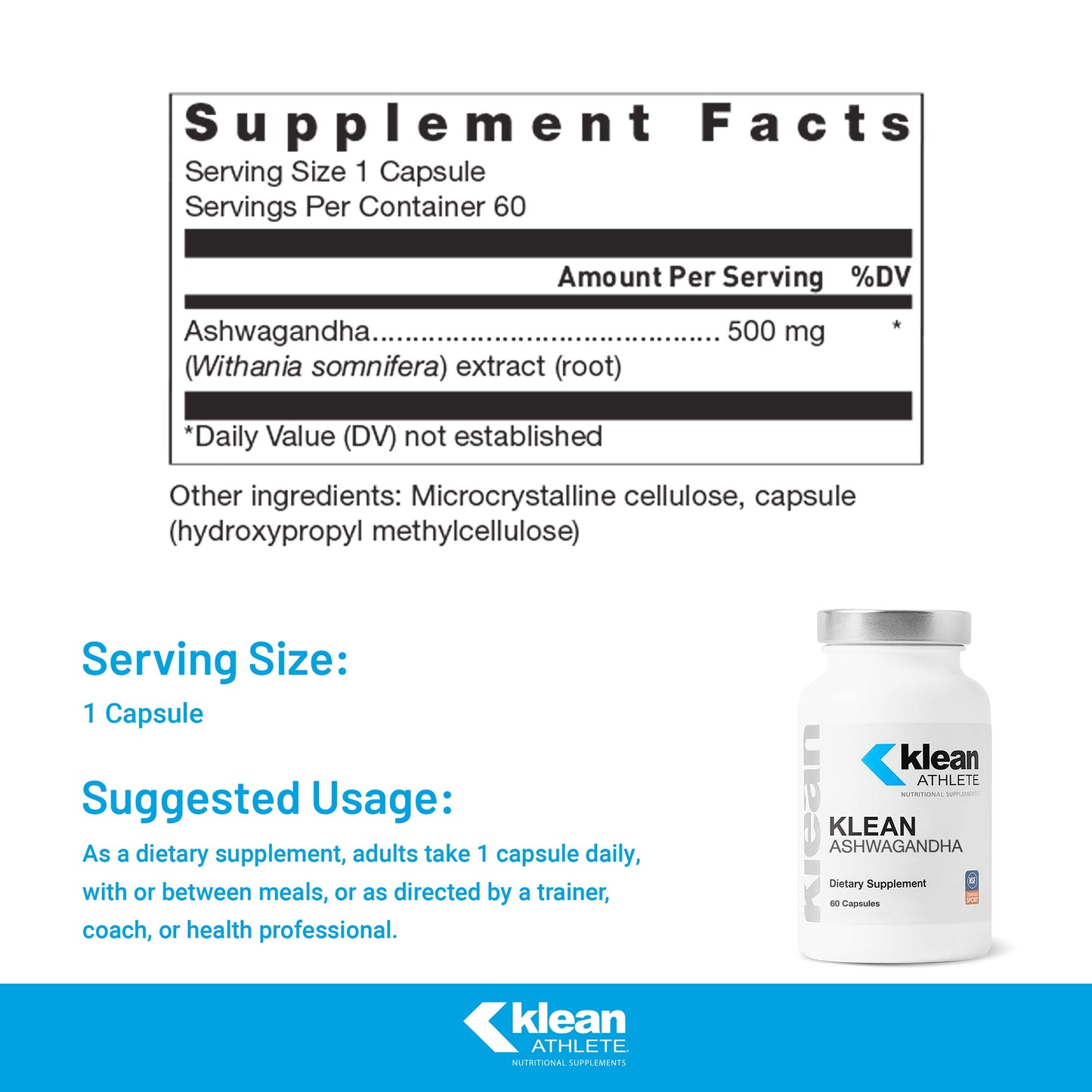 Klean Ashwagandha - for Occasional Stress - Supports Adaptations to Training* - Adaptogen Blend - Vegan & Non GMO - 60 Capsules