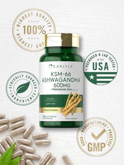 KSM-66 Ashwagandha Capsules 600Mg | 70 Count for Men and Women | with Melatonin 5Mg | by
